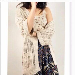 Free People "Gone Fishing" Short Sleeve Cardigan Sweater, Blue/Navy